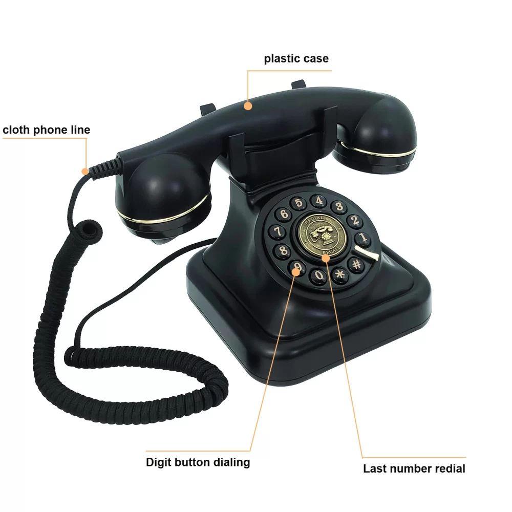 Corded Landline Phone for Home, Black Retro Phone Vintage Plastic Telephone Desktop Landline Telephone Fixed Antique Telephone 2