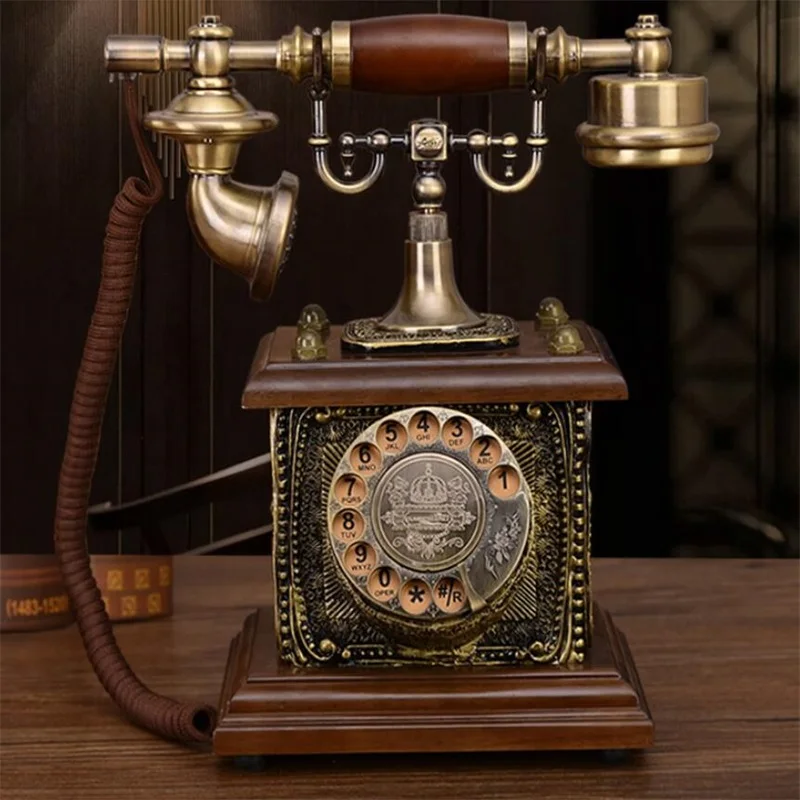 European antique creative telephone retro solid wood craft old-fashioned rotary dial wired home office telephone landline 2